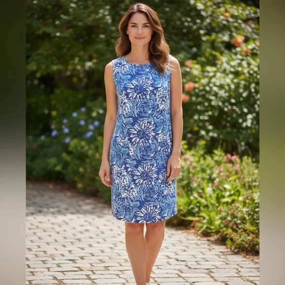 Fitzroy & Willa Floral Print Shift Dress Coastal Grandma Sleeveless size Medium - Picture 1 of 10